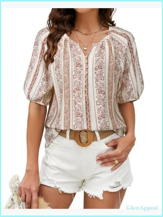 V-Neck Short Sleeve Button Down Blouse, Rayon Nylon Blend, Loose Fit Boho - Picture 3 of 5